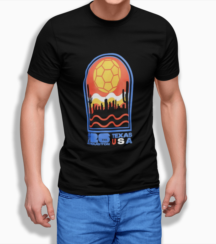 Texas USA FIFA 2026 Houston Skyline Cactus Sunset Soccer Ball T-Shirt
