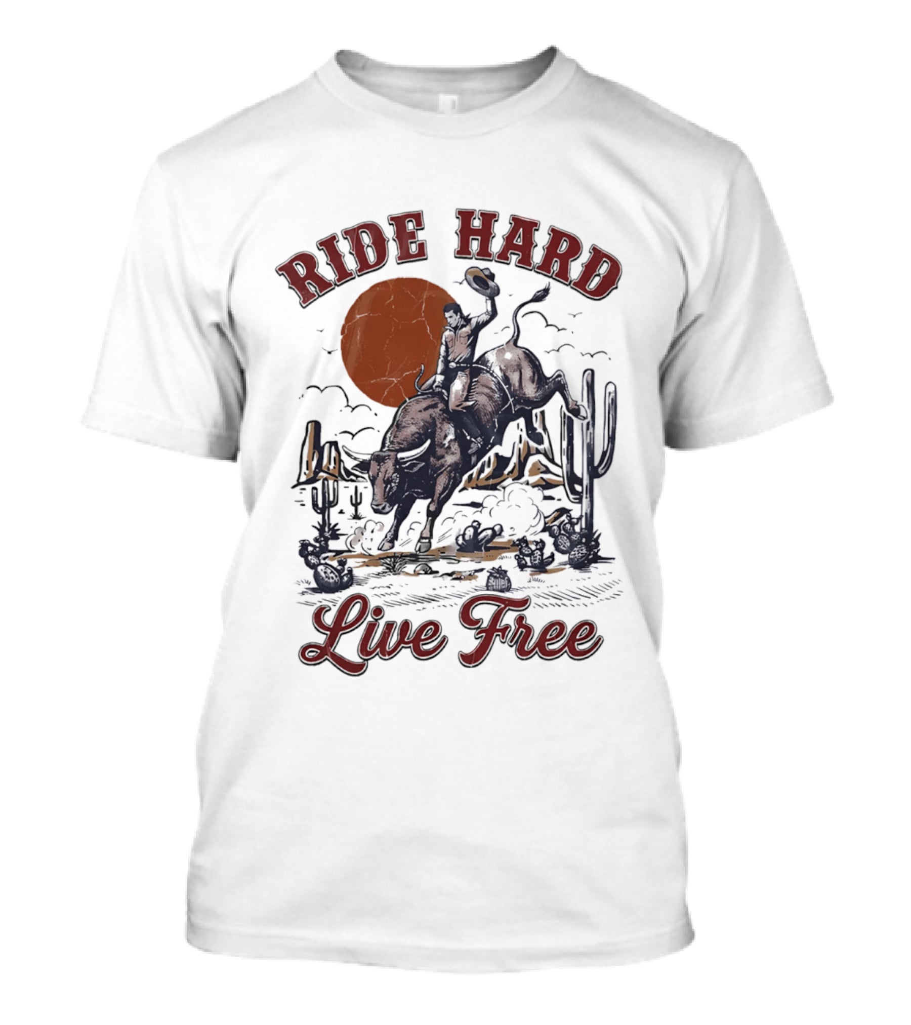 Ride Hard Live Free Cowboy Bull Rider Desert Scene Cactus Sunset T-Shirt