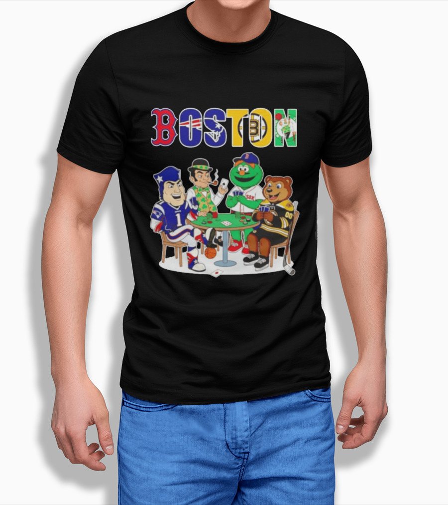 Boston Teams Playing Cards Patriots Red Sox Celtics Bruins Logos T-Shirt