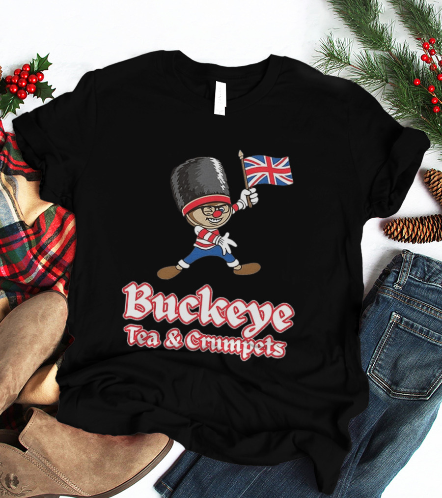 Buckeye Tea And Crumpets British Guard Cartoon With Union Jack Flag T-Shirt