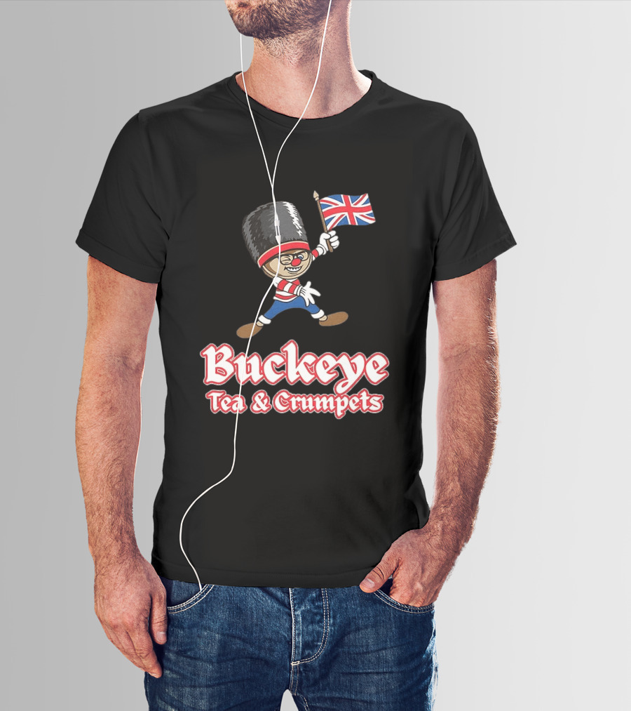 Buckeye Tea And Crumpets British Guard Cartoon With Union Jack Flag T-Shirt
