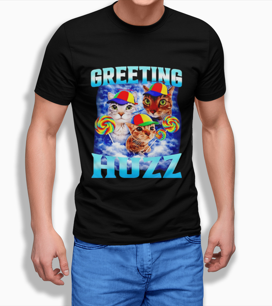 Greeting Huzz Cat Meme With Lollipops And Colorful Hats T-Shirt