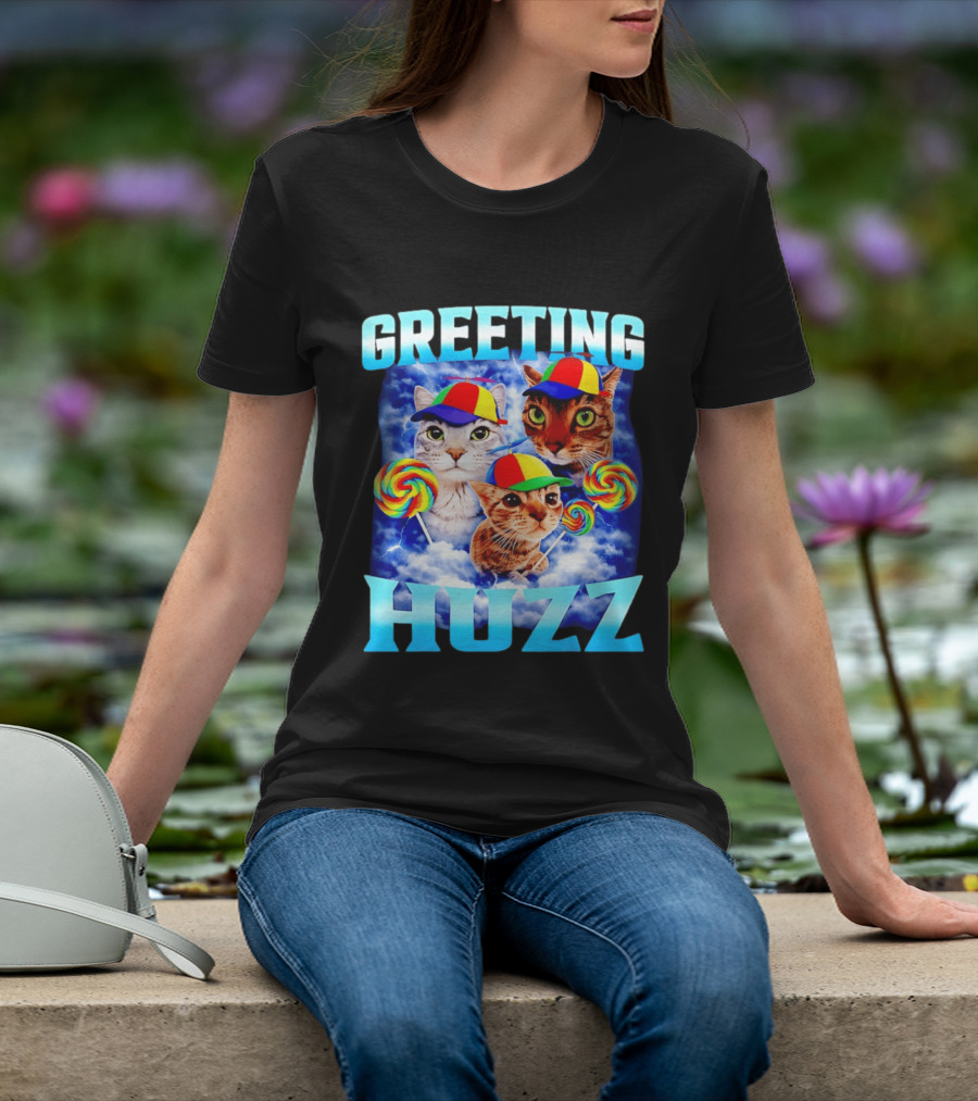Greeting Huzz Cat Meme With Lollipops And Colorful Hats T-Shirt