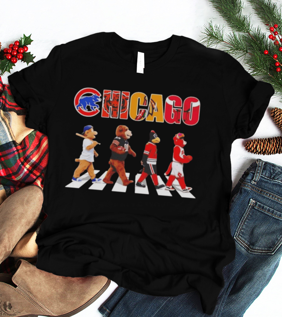 Chicago Cubs Bears Blackhawks Bulls Mascots Crossing Abbey Road T-Shirt