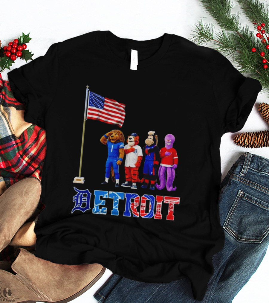 Detroit Mascots Salute American Flag T-Shirt