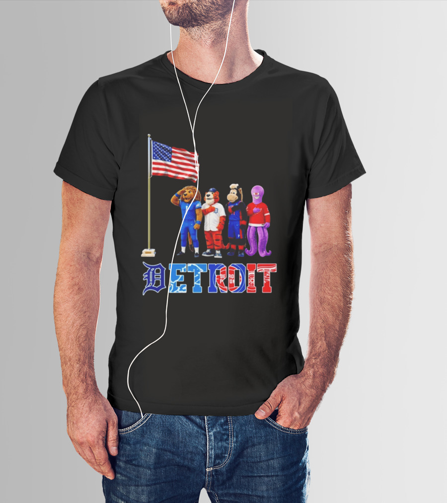 Detroit Mascots Salute American Flag T-Shirt