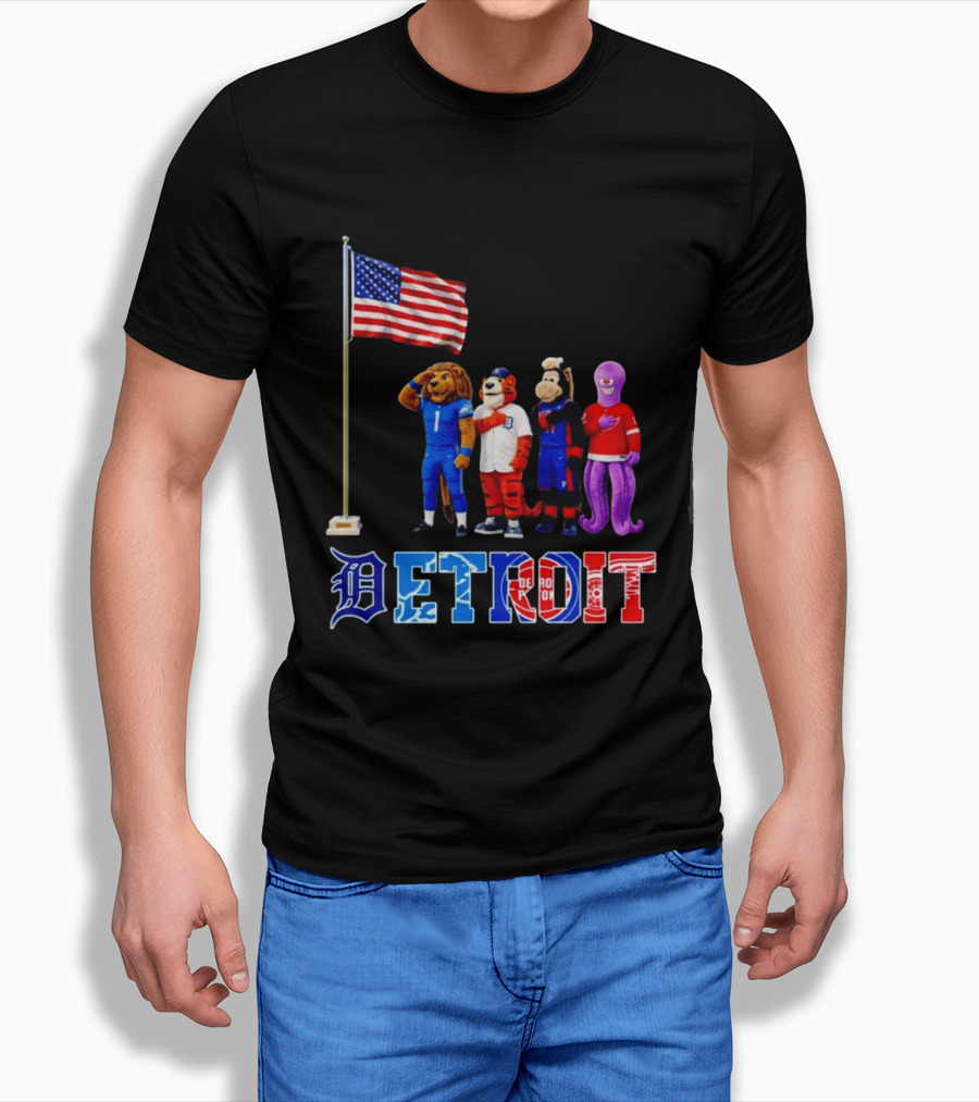 Detroit Mascots Salute American Flag T-Shirt