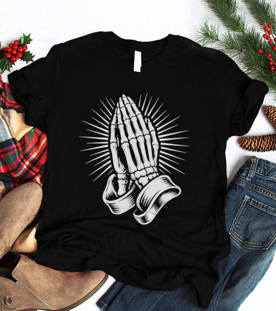 Skeleton Praying Hands Christian Symbol With Radiant Light T-Shirt