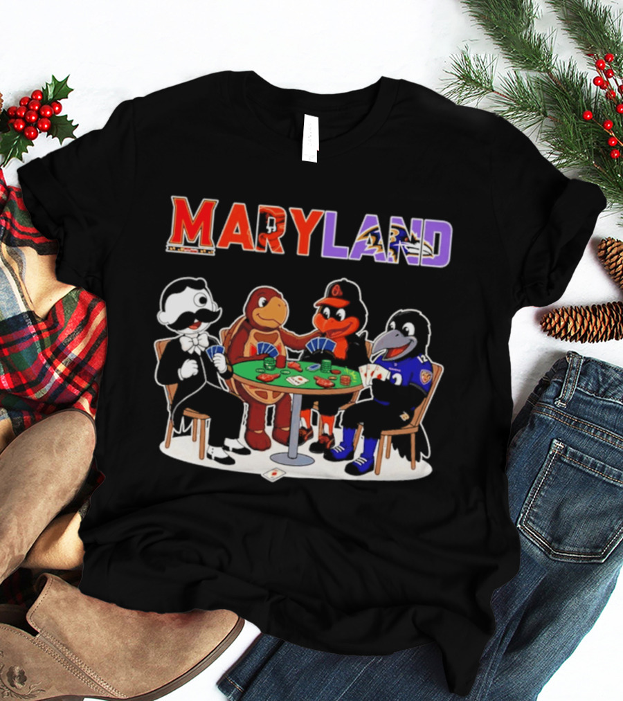 Maryland Mascots Playing Poker With Natty Boh, Orioles, Ravens, And Terrapins T-Shirt