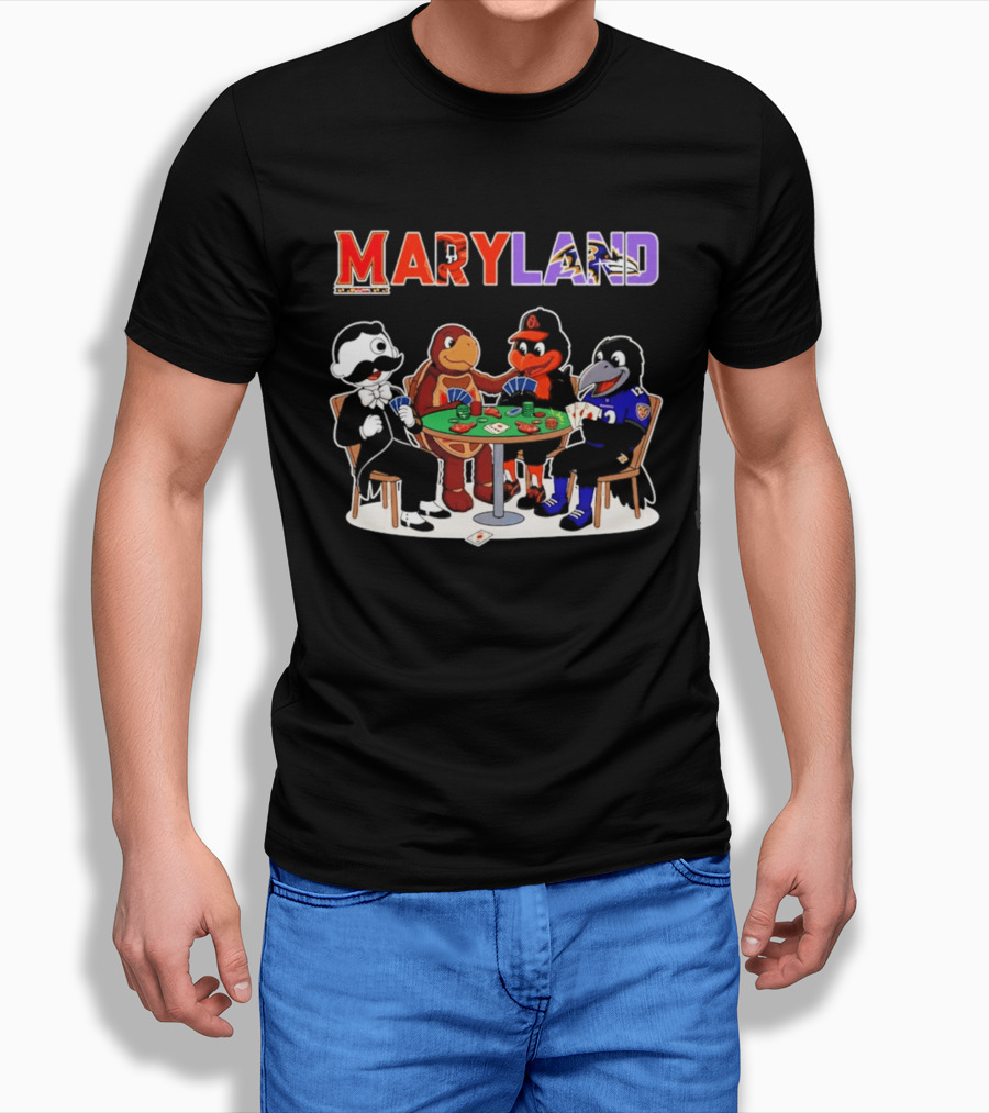 Maryland Mascots Playing Poker With Natty Boh, Orioles, Ravens, And Terrapins T-Shirt