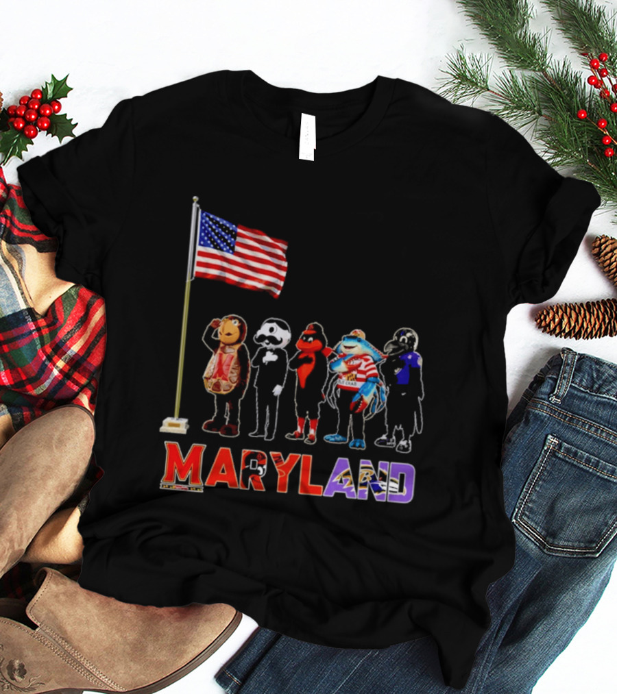 Maryland Mascots Saluting American Flag T-Shirt