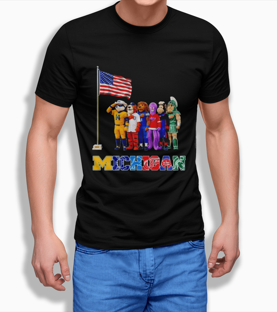 Patriotism In Michigan Sports Mascots Saluting American Flag T-Shirt