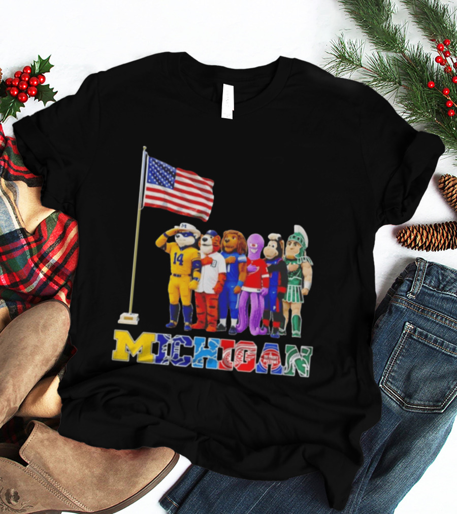 Michigan Wolverine Tigers Lions Red Wings Pistons Spartans Salute American Flag T-Shirt