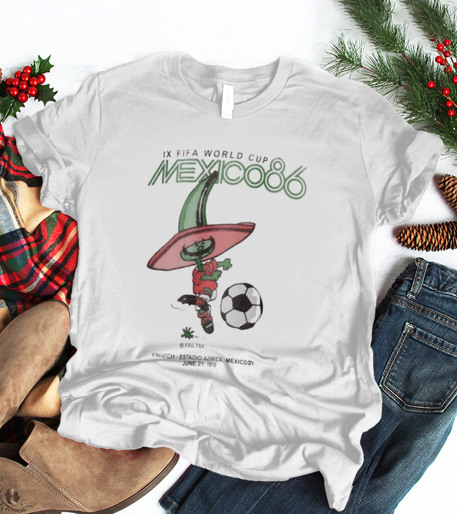 IX FIFA World Cup Mexico 86 Mascot Pique In Red Sombrero And Green Poncho With Soccer Ball T-Shirt