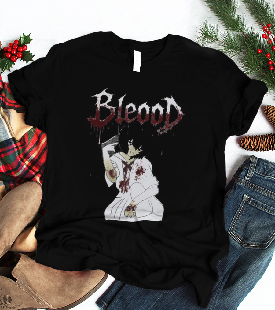 Blood Anime Style Dripping Text And Mysterious Figure T-Shirt