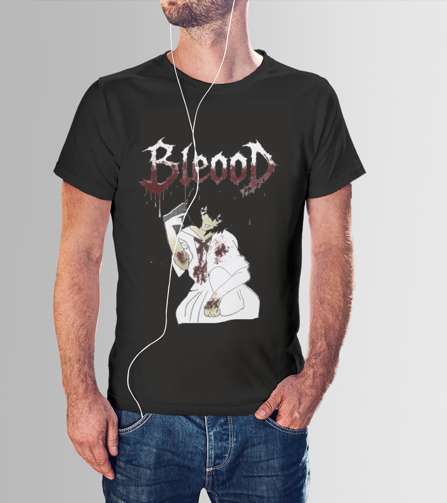 Blood Anime Style Dripping Text And Mysterious Figure T-Shirt