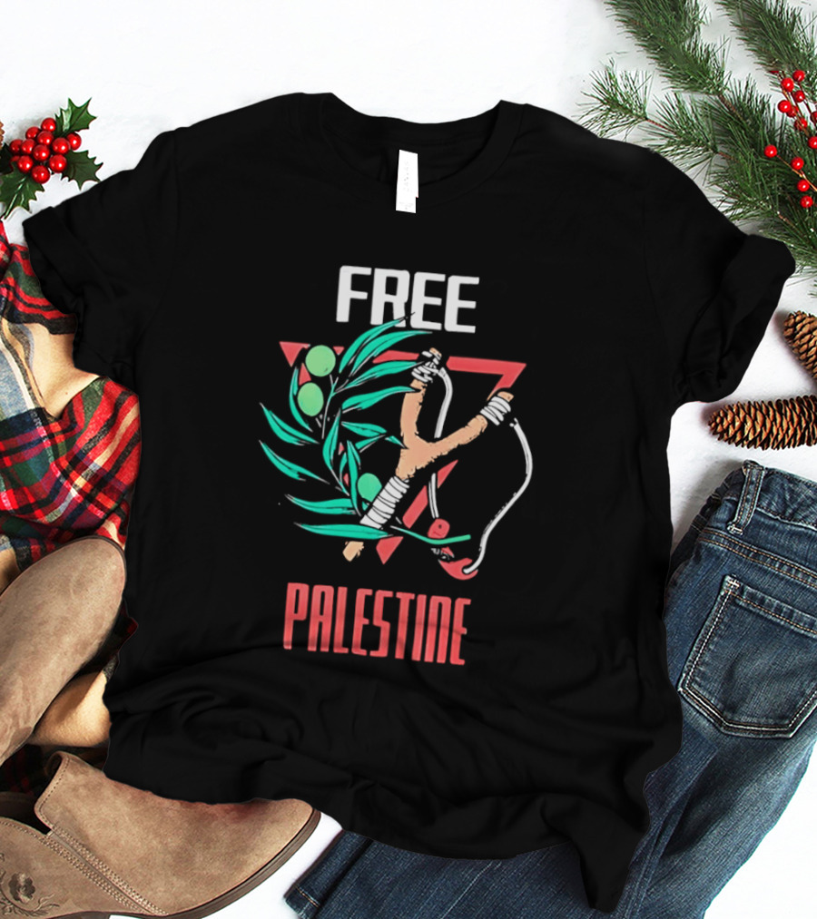 Free Palestine Slingshot And Olive Branch T-Shirt