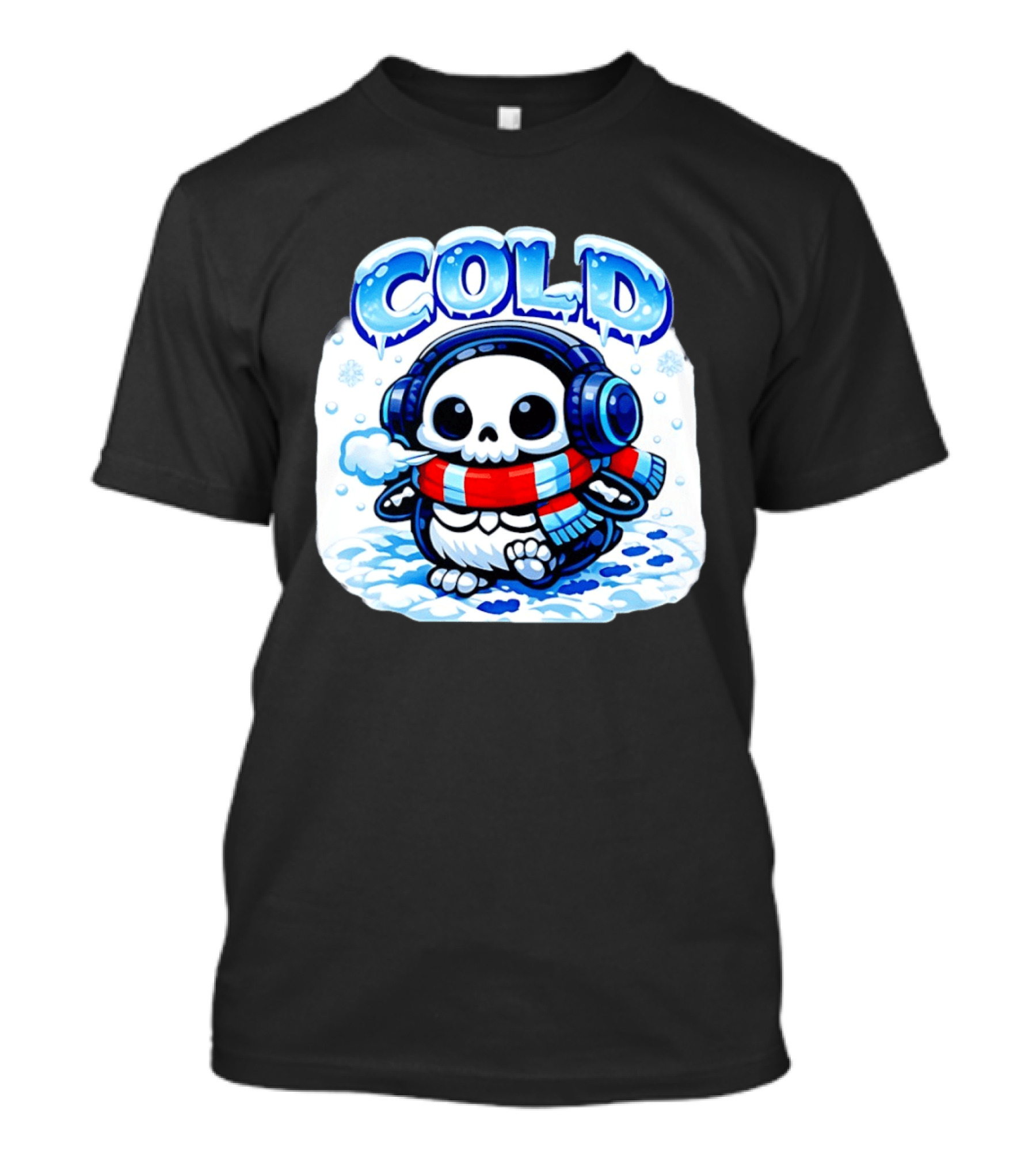 Cold Penguin Skeleton Winter Scarf Headphones Snowflakes T-Shirt