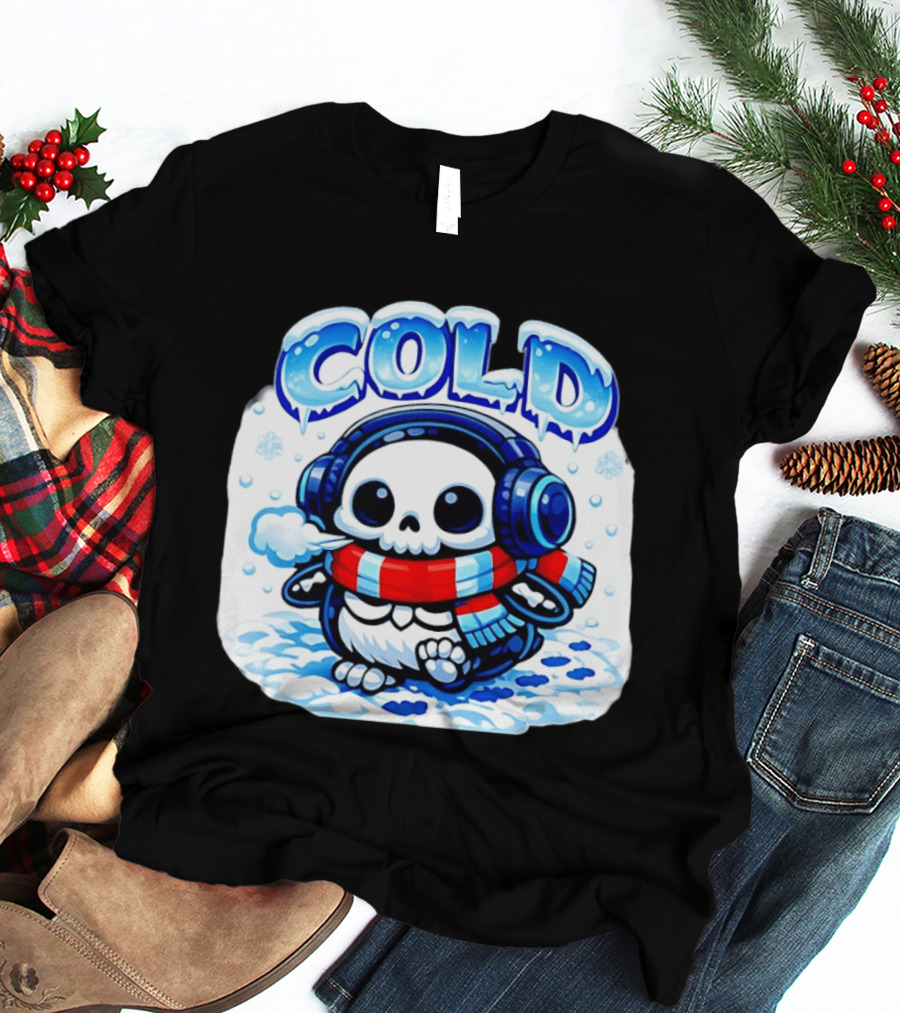 Cold Penguin Skeleton Winter Scarf Headphones Snowflakes T-Shirt