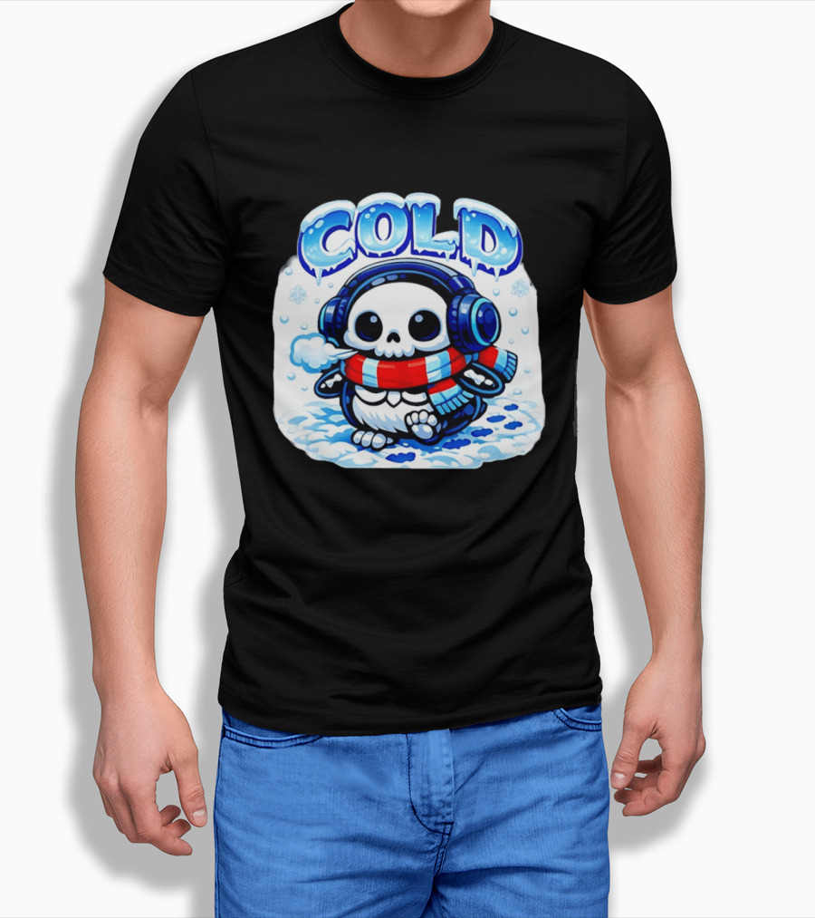 Cold Penguin Skeleton Winter Scarf Headphones Snowflakes T-Shirt