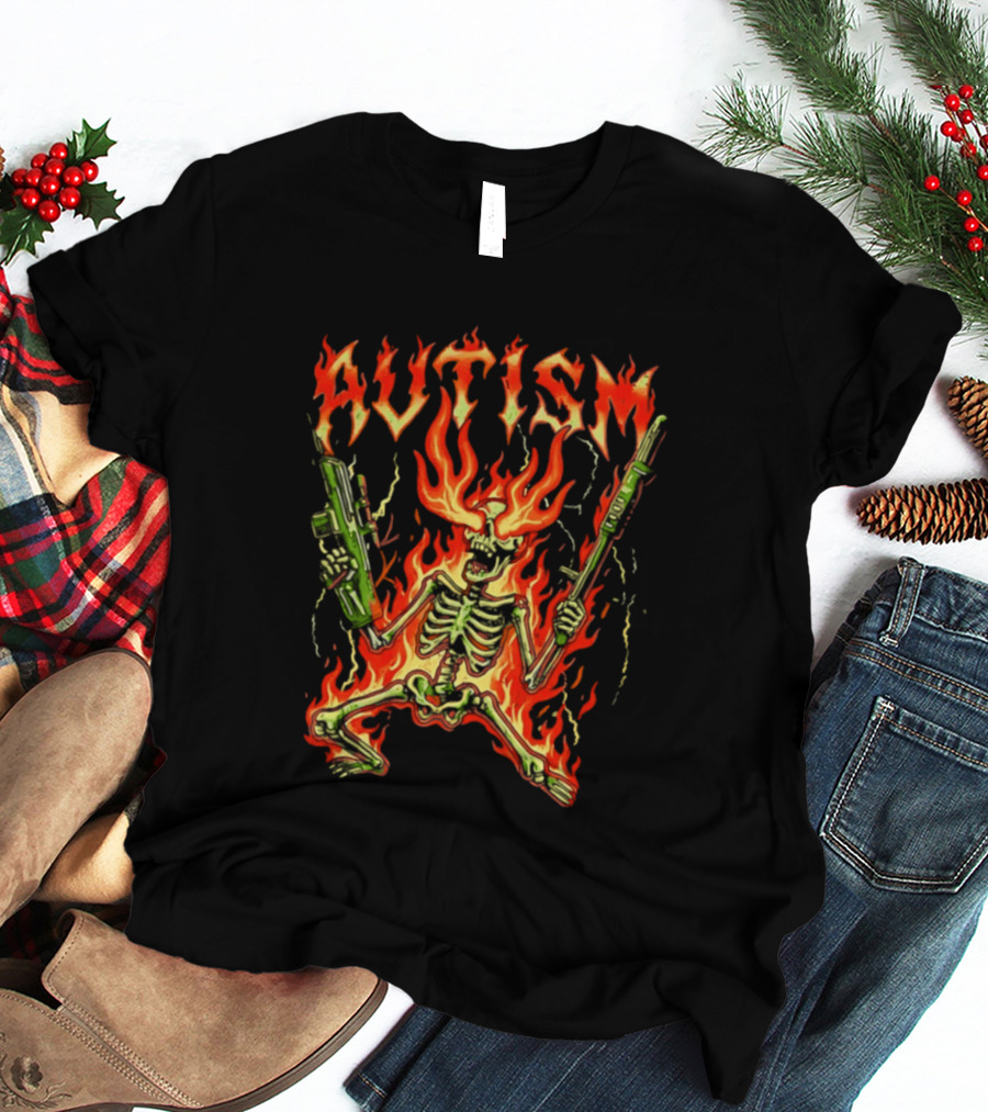 Skeleton Blazing Holding Two Rifle Guns Autism Flame T-Shirt