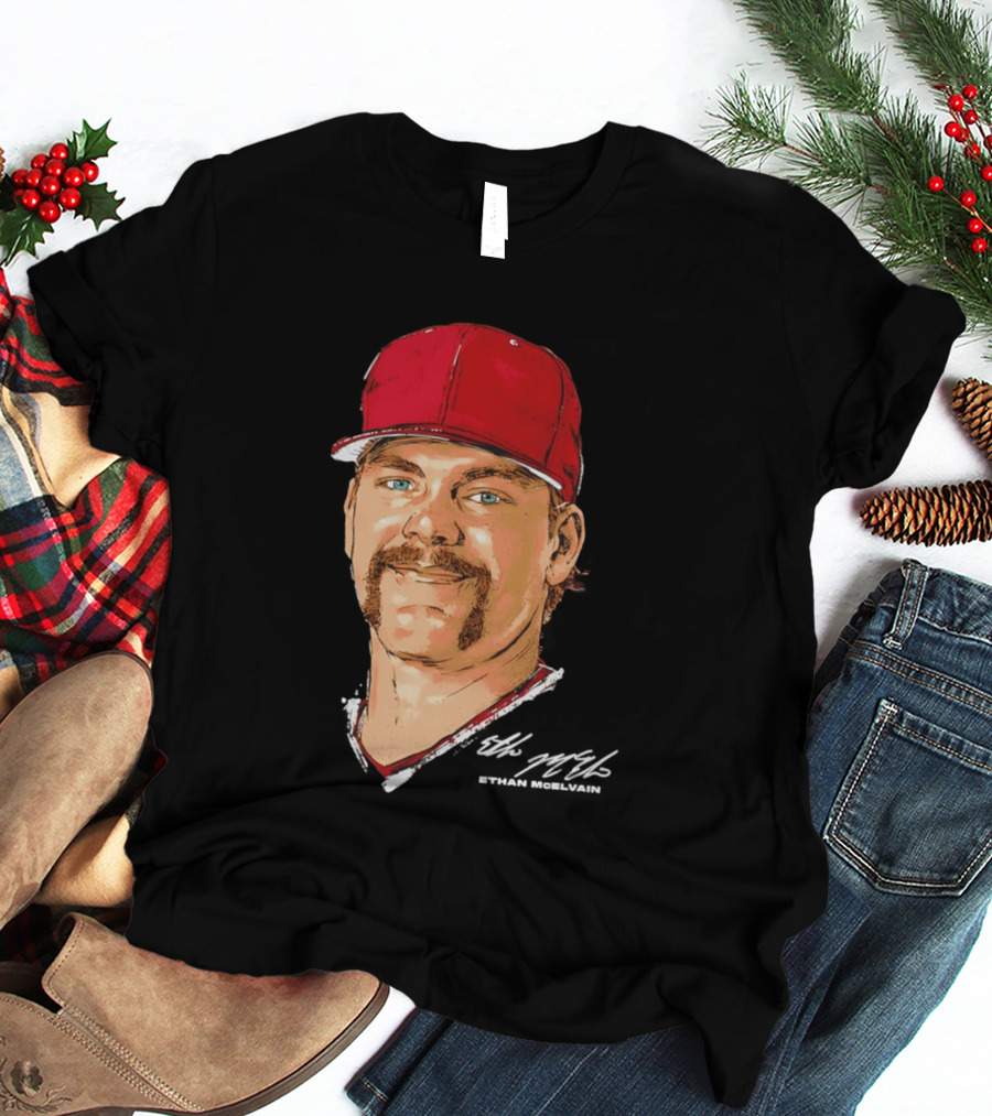 Ethan McElvain Arkansas Razorbacks Baseball Player Portrait In Red Cap T-Shirt