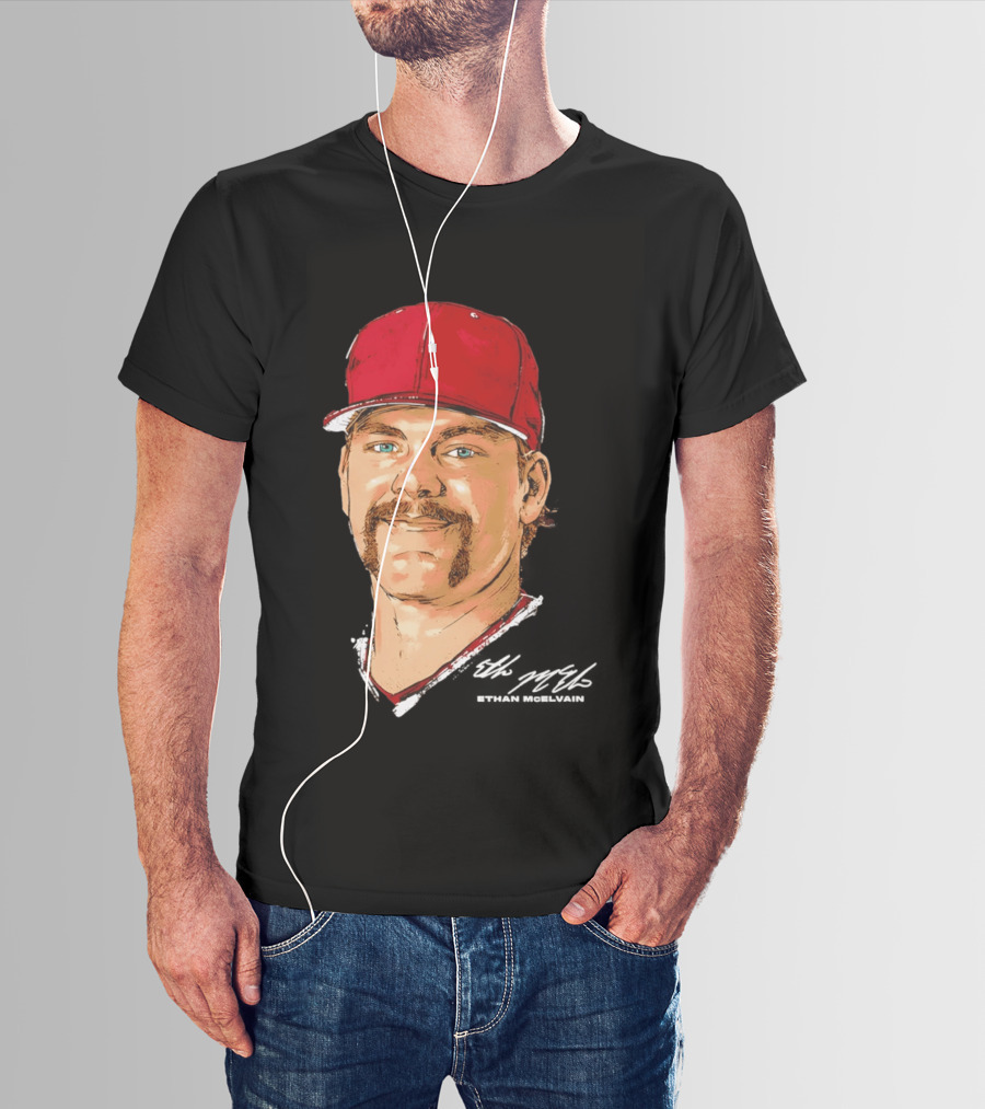 Ethan McElvain Arkansas Razorbacks Baseball Player Portrait In Red Cap T-Shirt