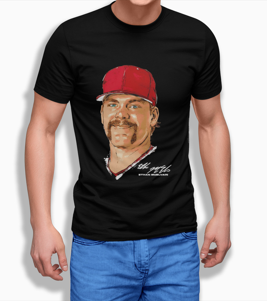 Ethan McElvain Arkansas Razorbacks Baseball Player Portrait In Red Cap T-Shirt