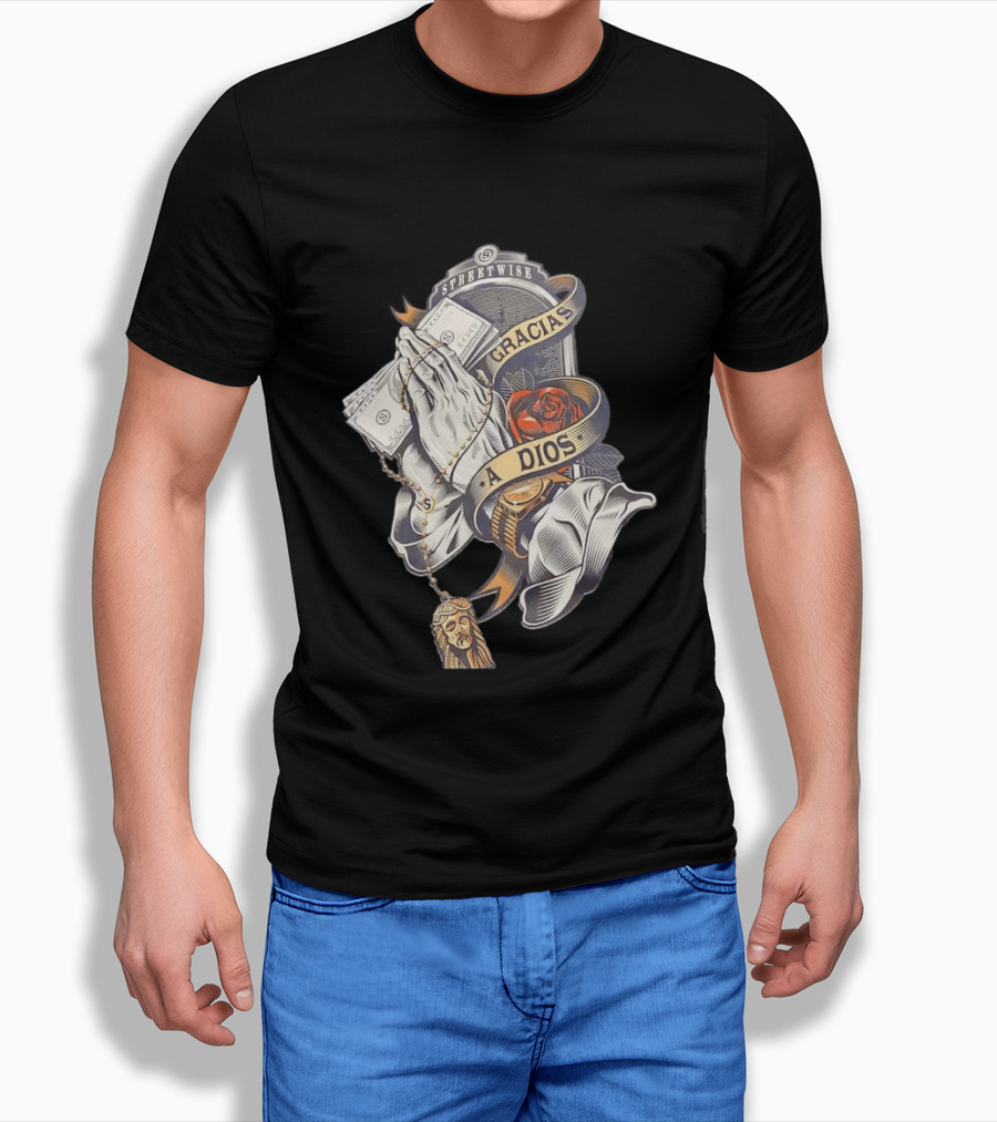 Streetwise Gracias A Dios Prayer Hands Rose Rosary T-Shirt