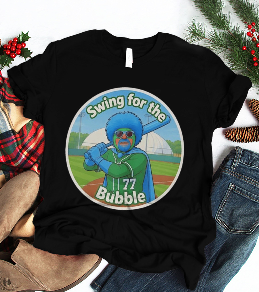 Swing For The Bubble 77 Baseball Cartoon Player Stadium T-Shirt