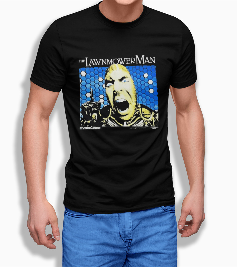 The Lawnmower Man Futuristic Cybernetic Face Against Blue Hexagon T-Shirt