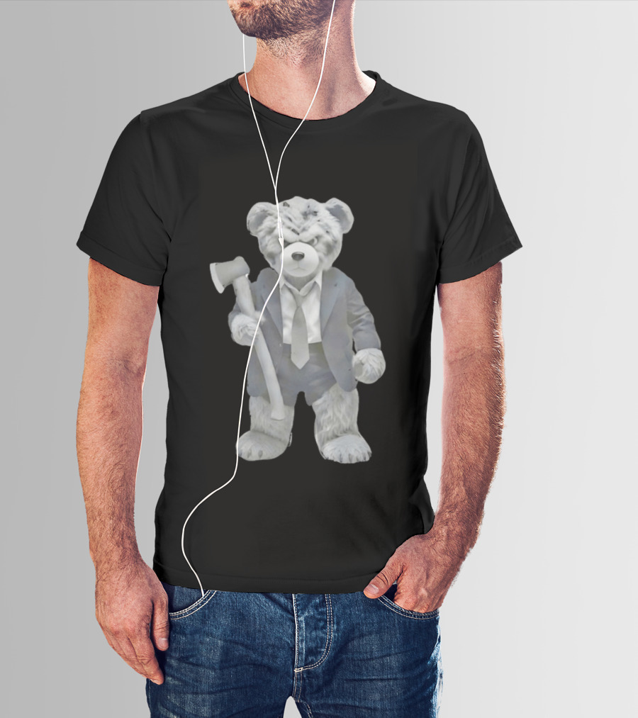 Grumpy Teddy Bear In Suit Holding Axe Horror T-Shirt