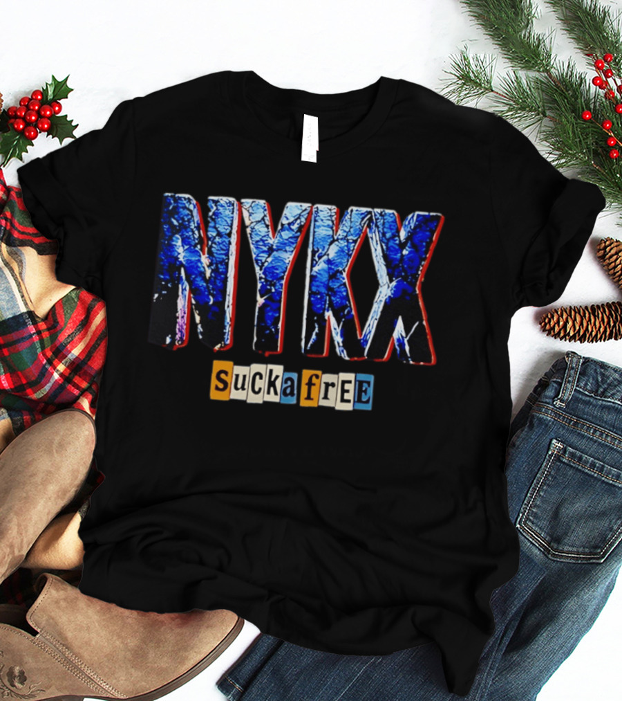 NYKX Sucka Free Bold Blue Text With Colorful Block Letters T-Shirt