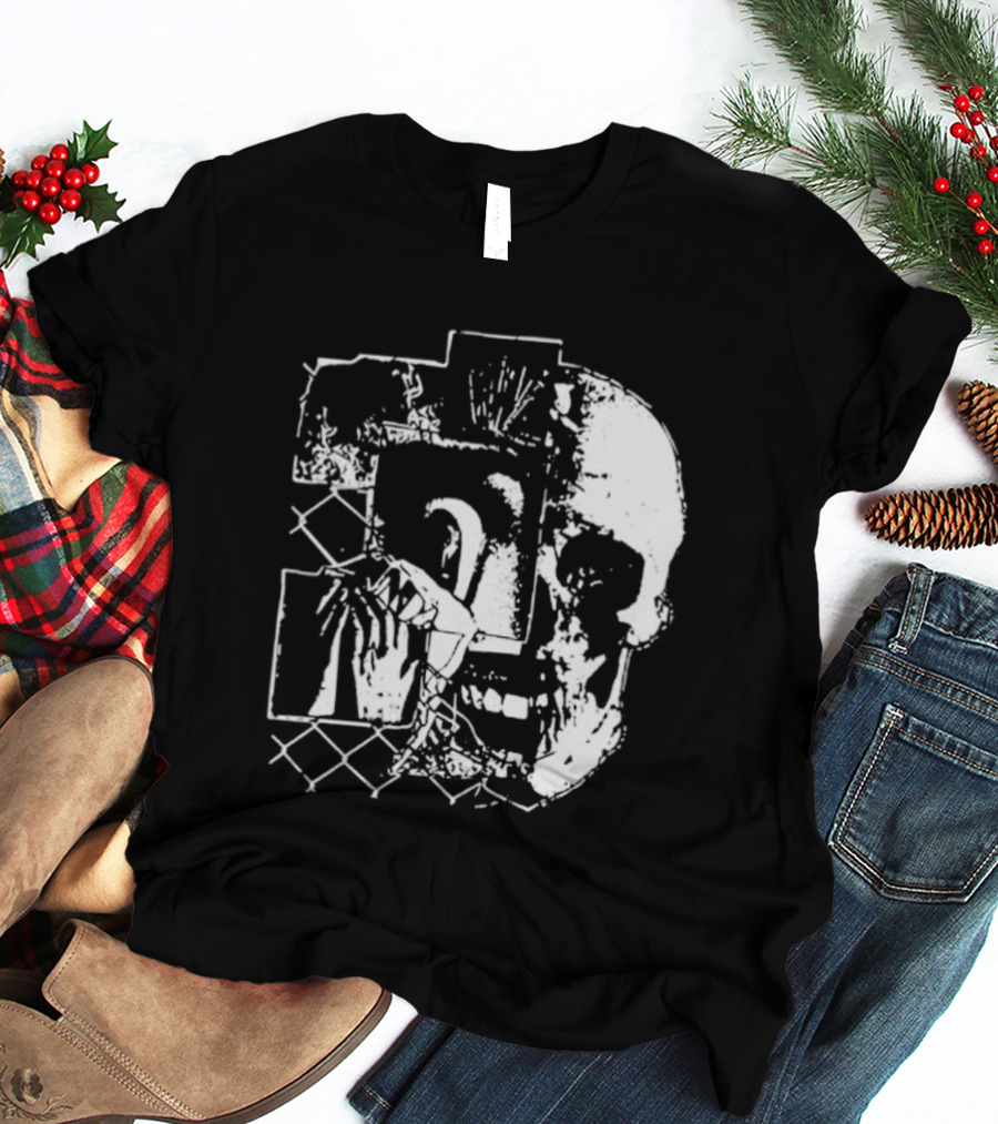 Harms Way Chain Link Skull 2026 Distorted Surreal White Design With Fence T-Shirt