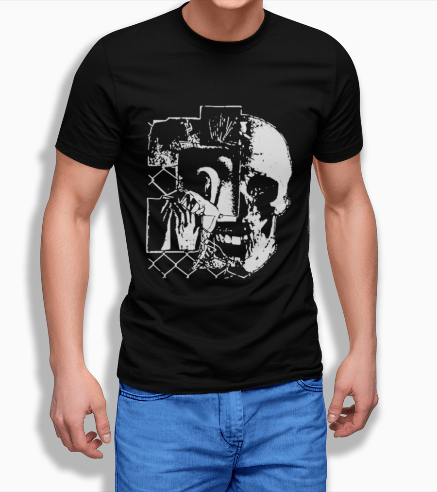 Harms Way Chain Link Skull 2026 Distorted Surreal White Design With Fence T-Shirt