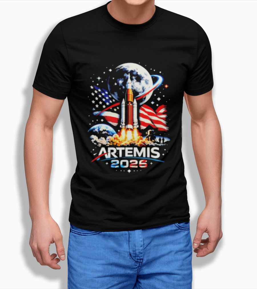 Artemis 2025 Rocket Launch USA Flag Moon Exploration T-Shirt
