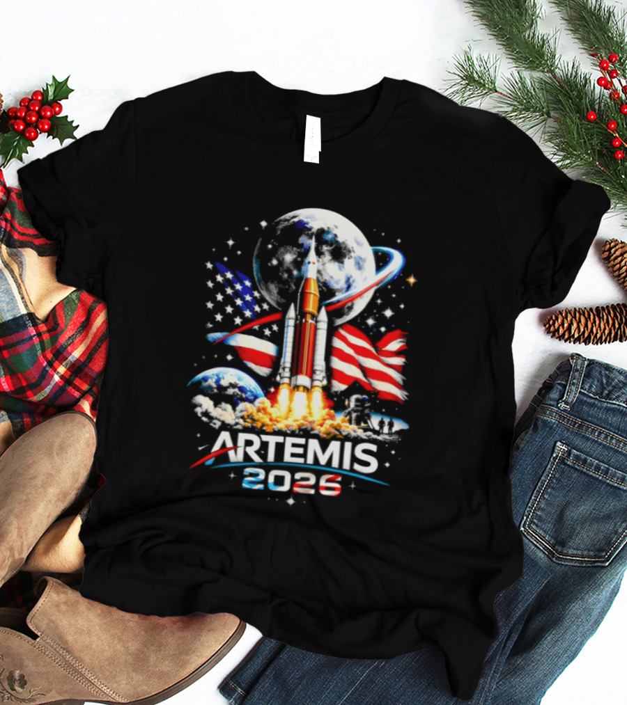 Artemis 2026 Moon Mission American Rocket Launch With Flag And Stars T-Shirt