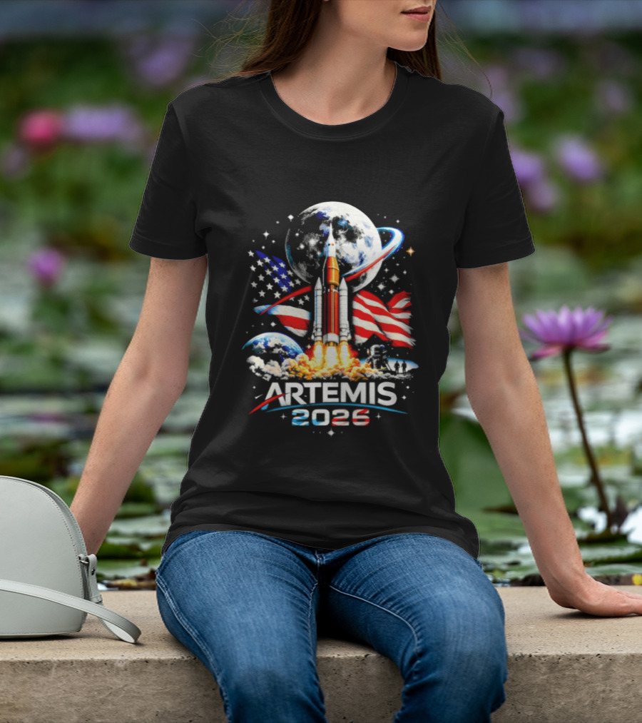 Artemis 2026 Moon Mission American Rocket Launch With Flag And Stars T-Shirt