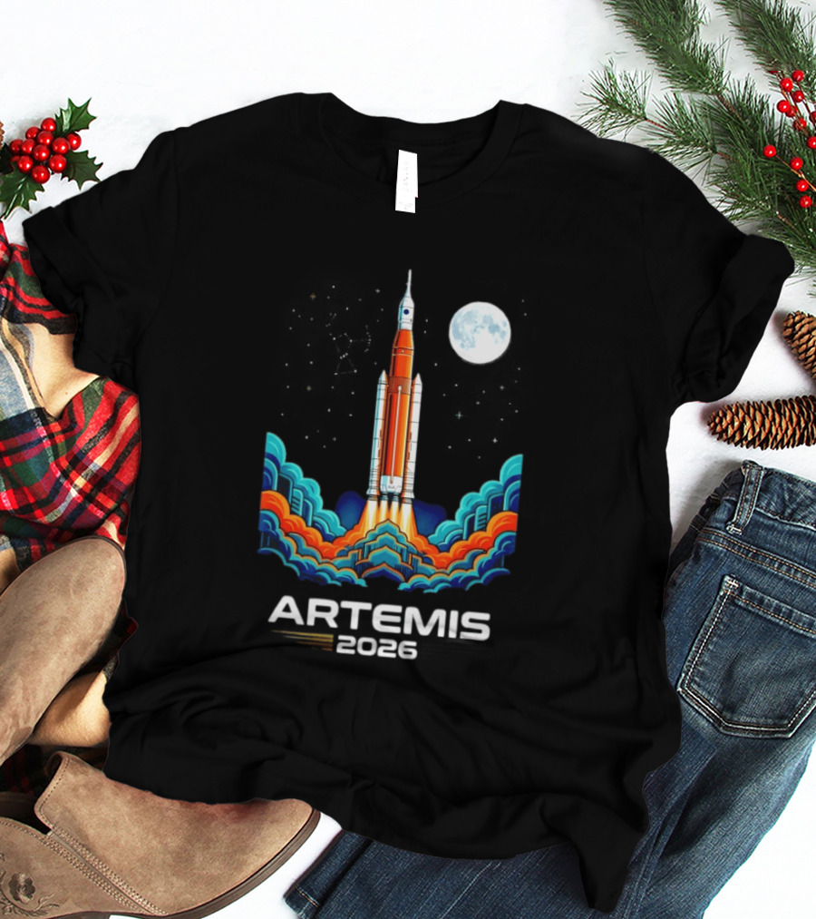 Artemis 2026 Moon Mission Rocket Launch With Vibrant Waves And Full Moon T-Shirt