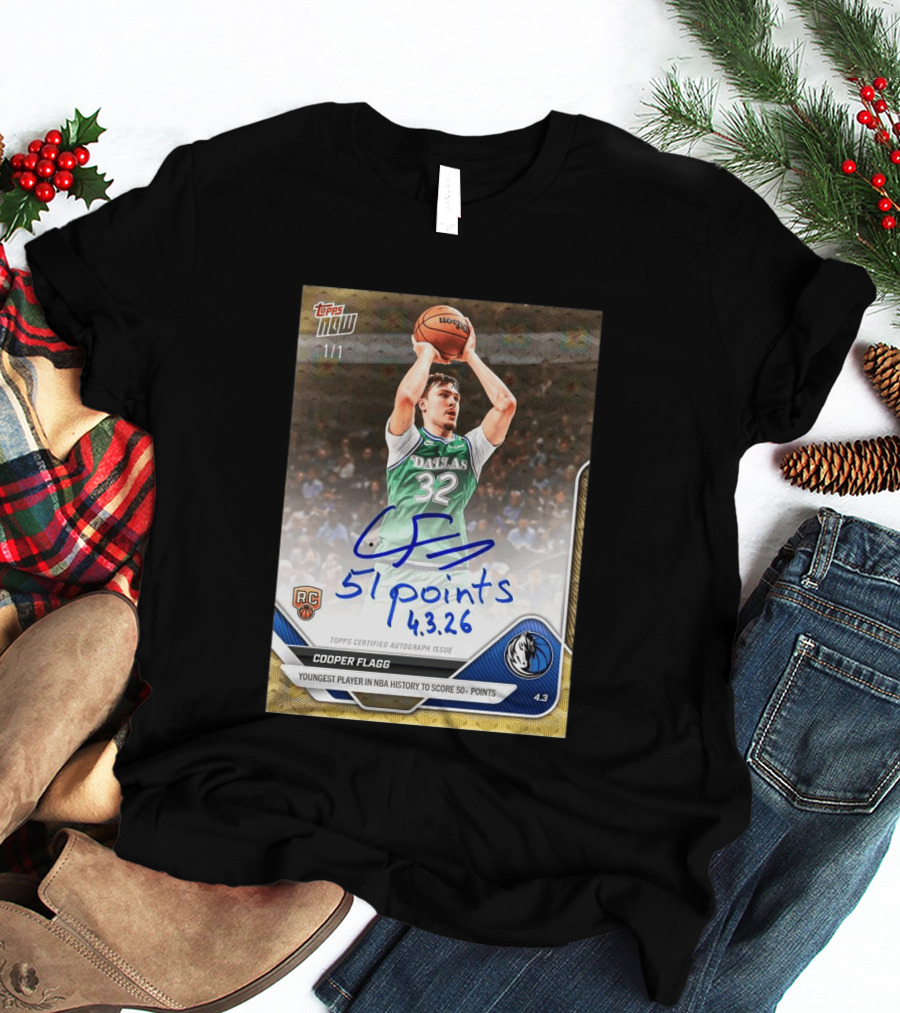 Topps Now Cooper Flagg 51 Points Youngest NBA History Dallas Mavericks Rookie Card T-Shirt
