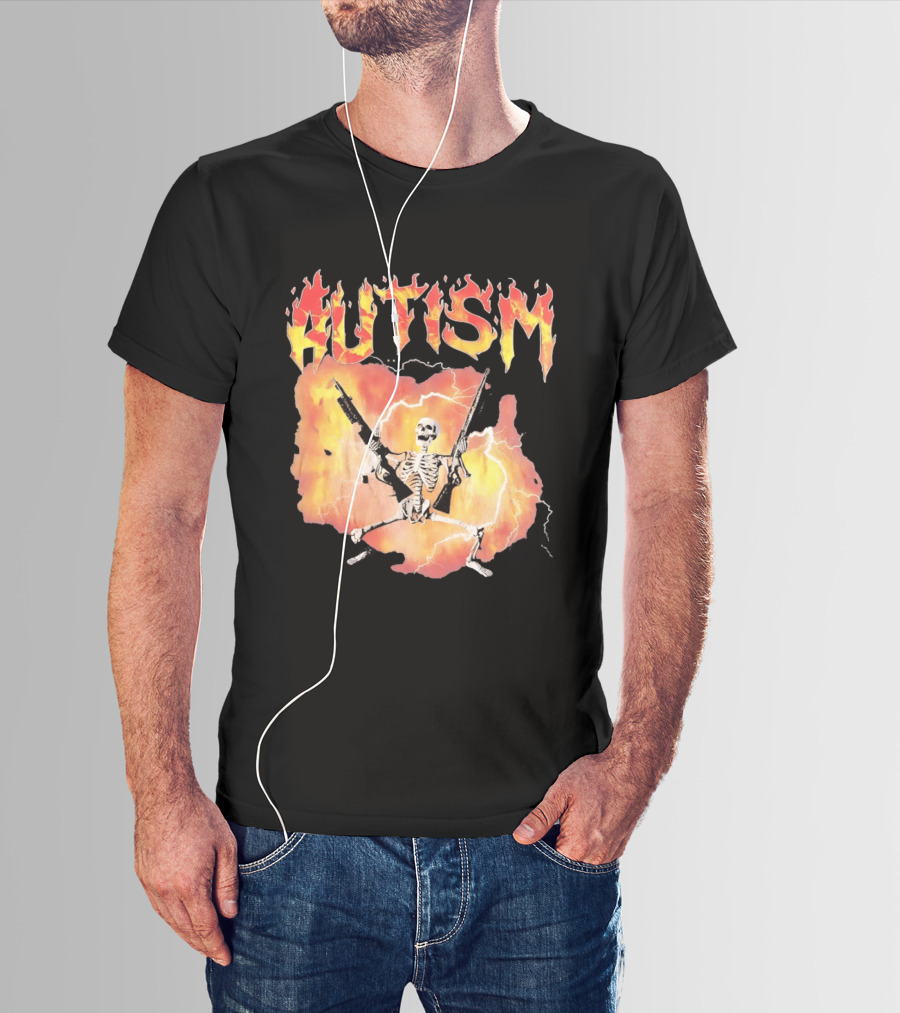 Autism Flaming Skeleton Meme Guns Edgy Fire T-Shirt