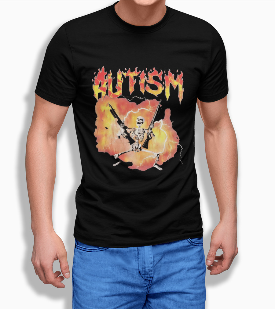 Autism Flaming Skeleton Meme Guns Edgy Fire T-Shirt