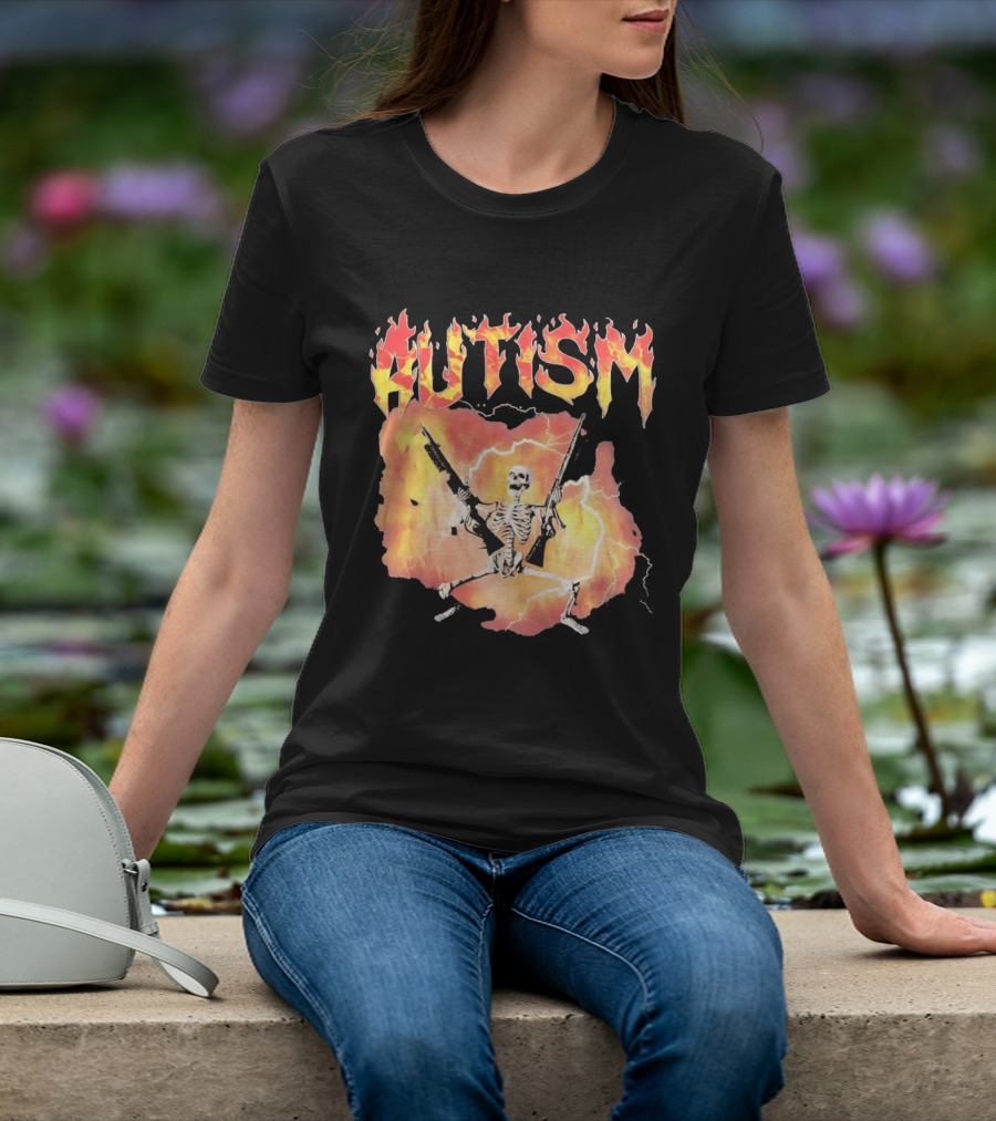 Autism Flaming Skeleton Meme Guns Edgy Fire T-Shirt