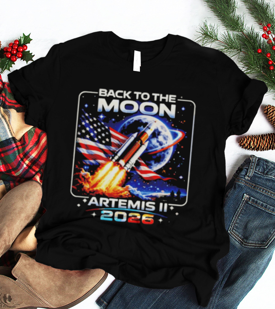 Back To The Moon Artemis II 2026 Rocket Launch Space Mission USA Flag T-Shirt