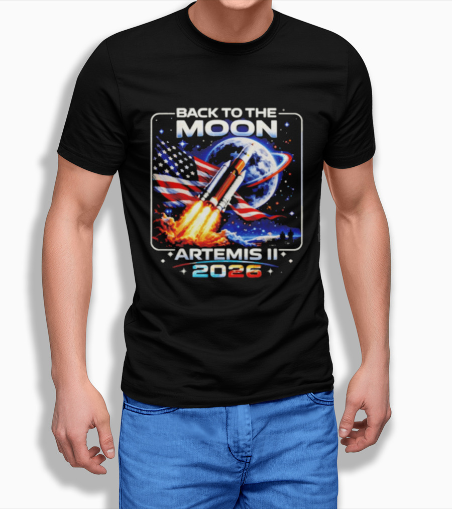 Back To The Moon Artemis II 2026 Rocket Launch Space Mission USA Flag T-Shirt