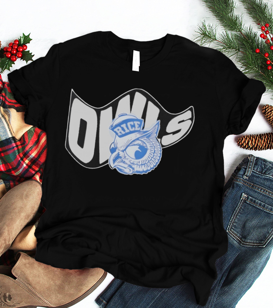Rice Owls Waving Flag Bold Script With Blue Owl T-Shirt
