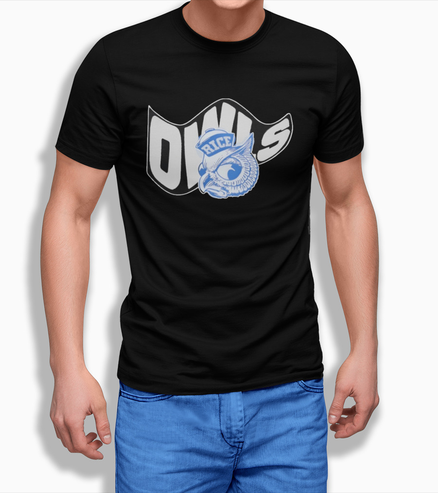 Rice Owls Waving Flag Bold Script With Blue Owl T-Shirt