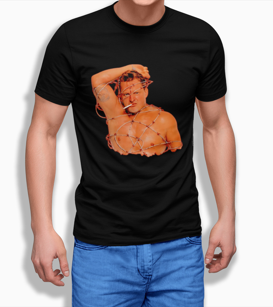 Sandman Barbed Wire Screenprinted Wrapping Wrestler With Cigarette T-Shirt