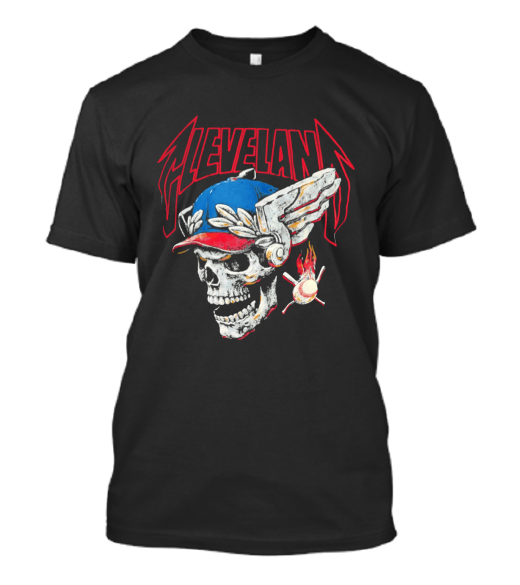 Cleveland Skull Flames Winged Helmet Baseball Bat And Ball T-Shirt