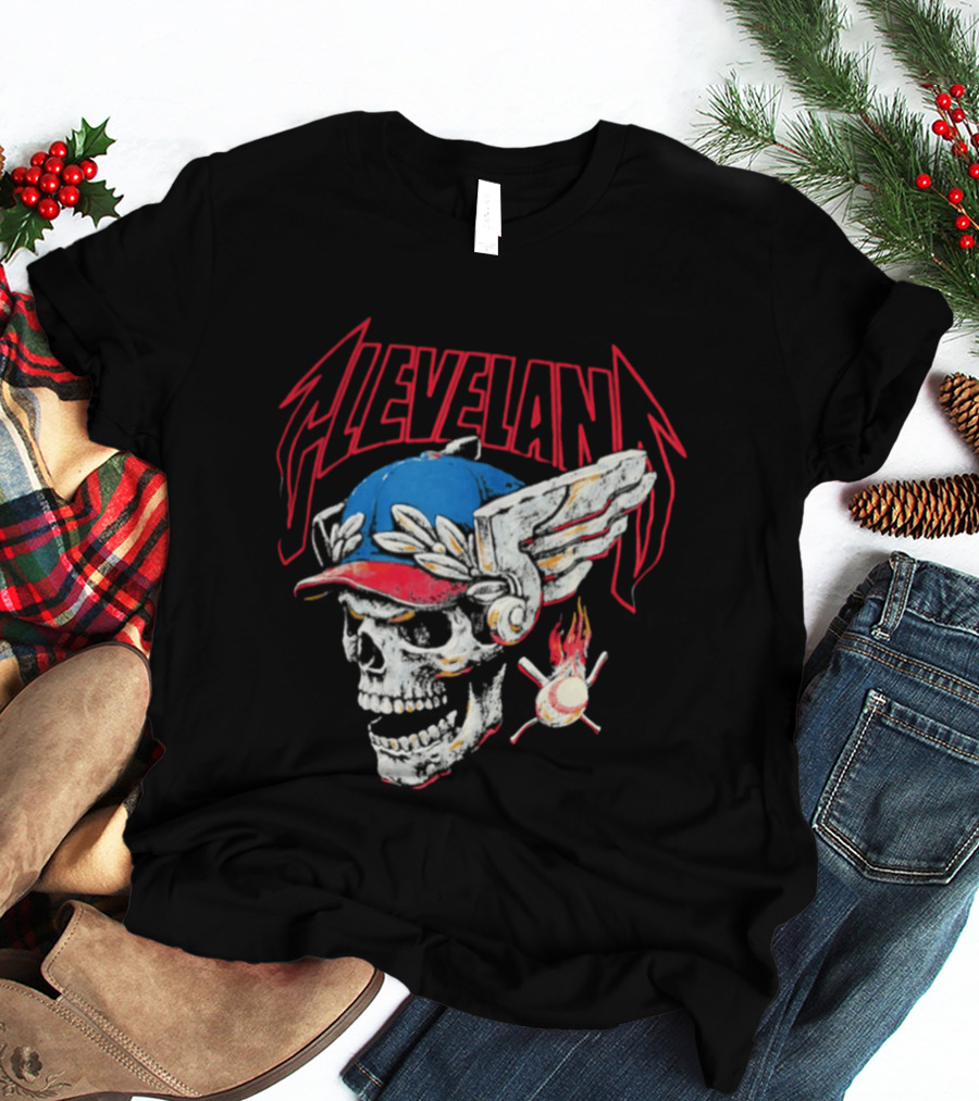 Cleveland Skull Flames Winged Helmet Baseball Bat And Ball T-Shirt